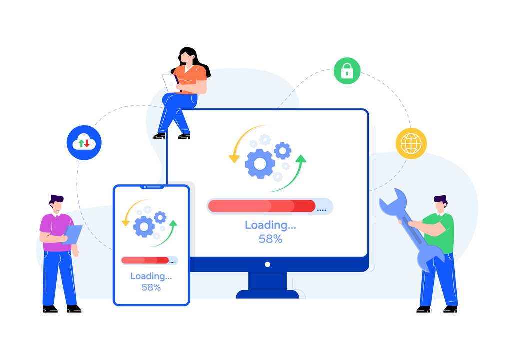 Software para tv corporativa: imagem mostra uma ilustração flat com monitores e pessoas trabalhando.
